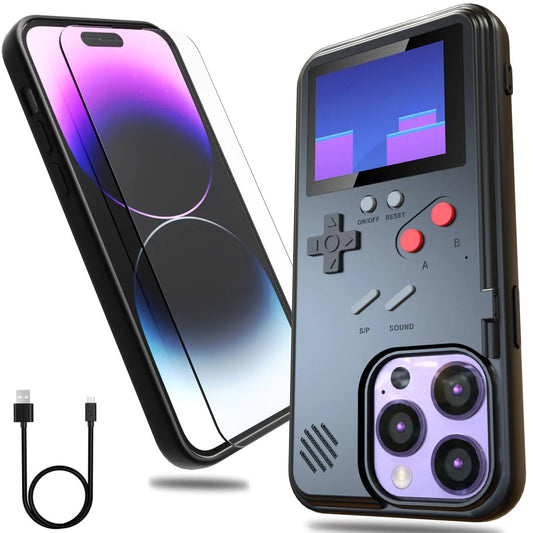 DOCOBOLO Gameboy Phone Case for iPhone 14 Pro Max with Tempered Glass Phone Screen ProtectorFull Color Display 36 Retro Classic Games Protective Cover Self-Powered (Black)